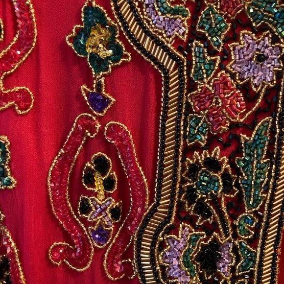 RARE! Exquisite Heavily Beaded Red SILK Dress Jacket, Niteline - Picture 4 of 10